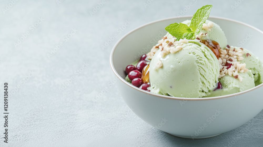 Pistachio Ice Cream Delight: A refreshing bowl of pistachio ice cream, adorned with sweet cherries, crunchy nuts, and a sprig of mint, sits invitingly on a gray surface. The perfect summer treat. Pistachio Ice Cream Delight: A refreshing bowl of pistachio ice cream, adorned with sweet cherries, crunchy nuts, and a sprig of mint, sits invitingly on a gray surface. The perfect summer treat.