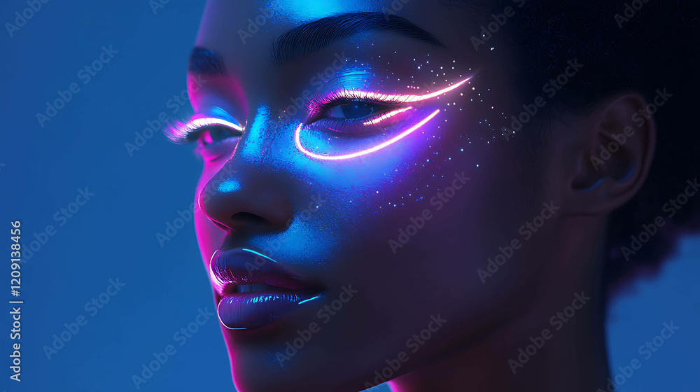 Illustration of futuristic makeup application with glowing effects Illustration of futuristic makeup application with glowing effects