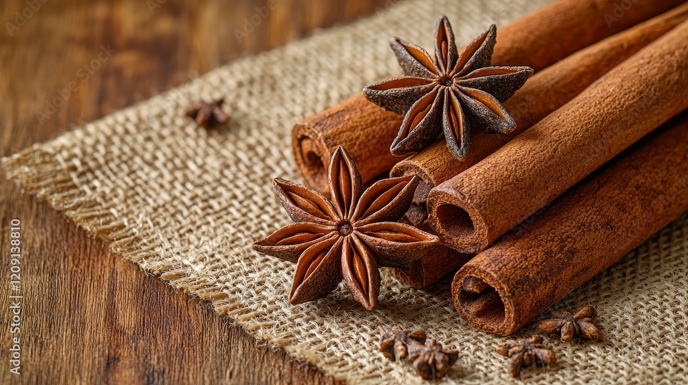 Culinary delights star anise and cinnamon sticks on rustic linen food photography cozy kitchen setting Culinary delights star anise and cinnamon sticks on rustic linen food photography cozy kitchen setting