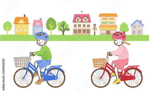 自転車に乗る子供と町の背景