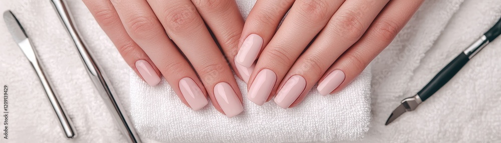 Manicure salon precision concept. Well-groomed hands with manicured nails surrounded by nail care tools on a soft surface. Manicure salon precision concept. Well-groomed hands with manicured nails surrounded by nail care tools on a soft surface.