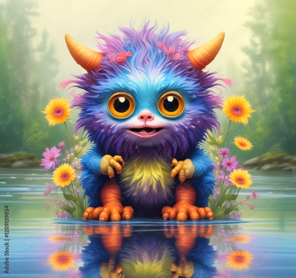 Fototapeta premium Illustration of fluffy and cute small monster.