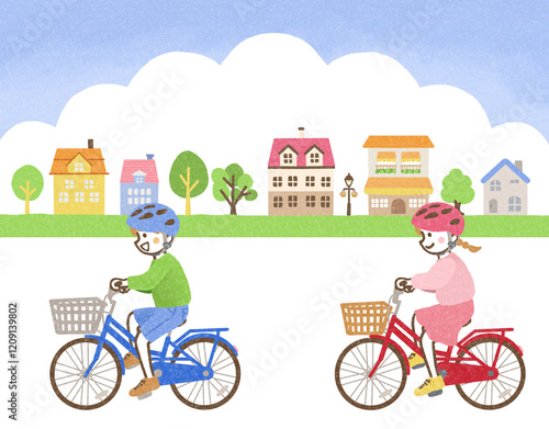 自転車に乗る子供と町の背景
