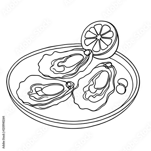 Oysters on a platter with a slice of lemon, oysters with lemon, vector, black line drawing, minimalistic, single line, simple line, isolated, transparent background