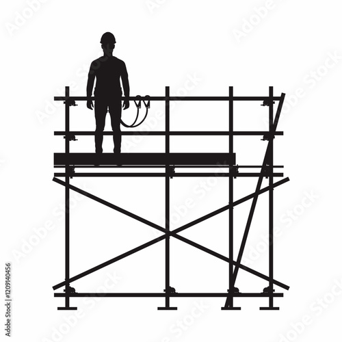 Black and white, silhouette of worker, man of builder stand on the one layer of scaffolding with safety harness. Vector illustration.