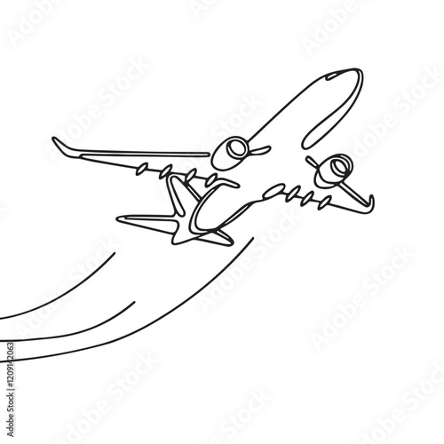 Plane taking off, vector, black line drawing, minimalistic, single line, simple line, isolated, transparent background