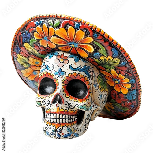 Colorful decorative skull wearing a vibrant sombrero on transparent background