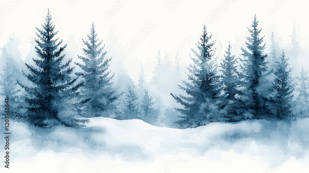 Fototapeta premium Winter forest scene snowy landscape watercolor painting tranquil environment artistic viewpoint seasonal concept