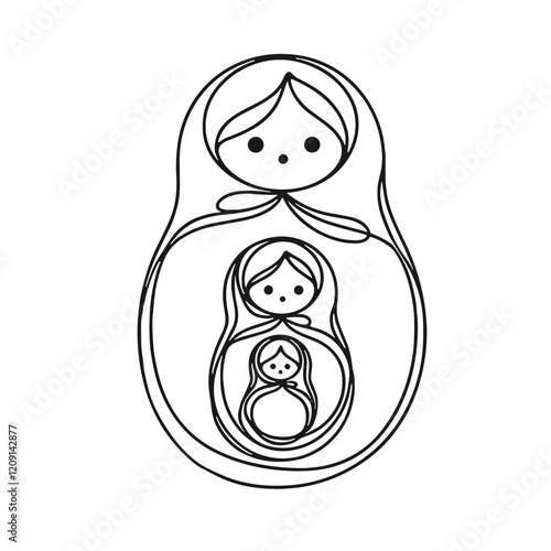 Russian matryoshka, doll in a doll, vector, black line drawing, minimalistic, single line, simple line, isolated, transparent background