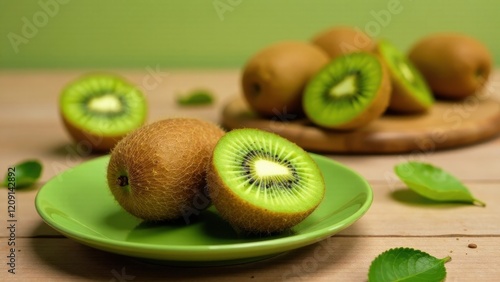 A vibrant still life featuring juicy kiwi fruit, artfully arranged on a green plate and wooden surface, accented by fresh green leaves.