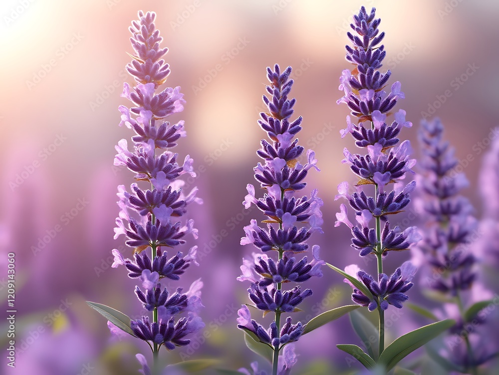 Three lavender stalks in sunset light. Three lavender stalks in sunset light.