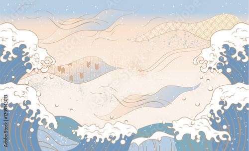 海のある景色　波背景イラスト
