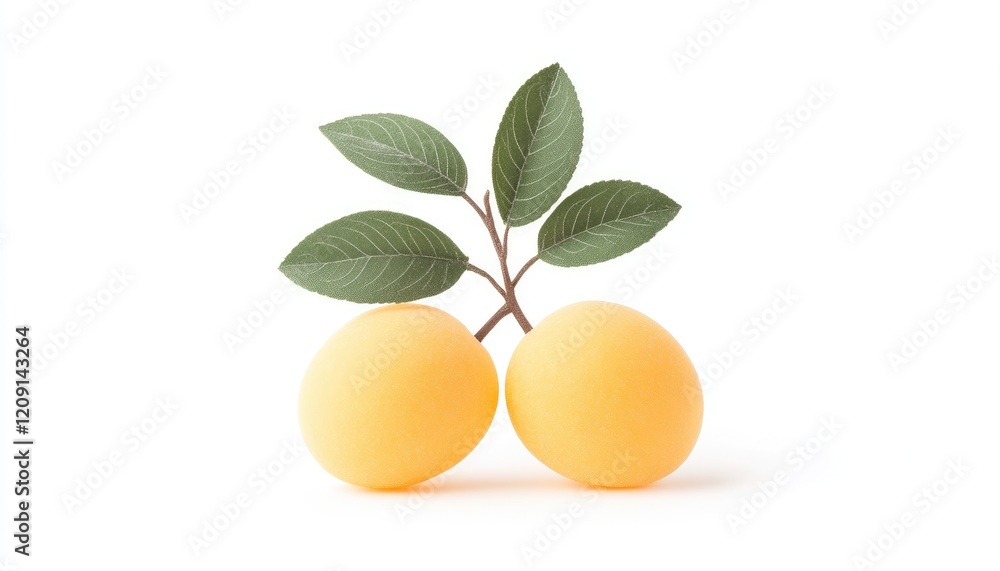 Two vibrant yellow lemons with green leaves on a white background, symbolizing freshness and nature's bounty Two vibrant yellow lemons with green leaves on a white background, symbolizing freshness and nature's bounty