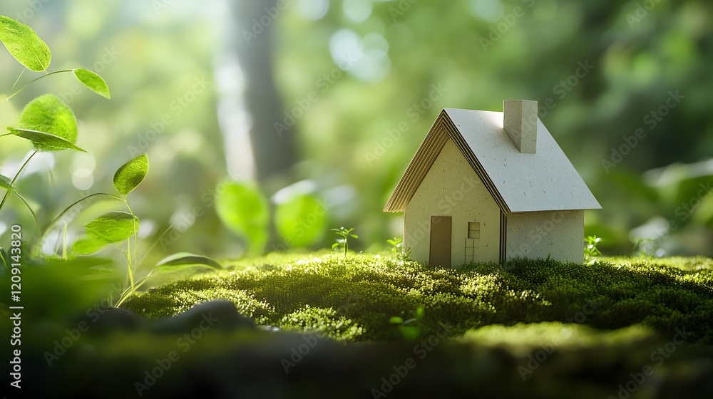 Cardboard House Model Nestled In Lush Green Foliage Cardboard House Model Nestled In Lush Green Foliage