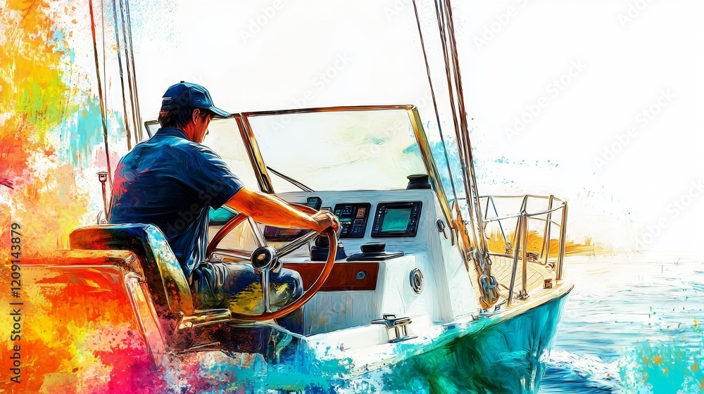 Obraz premium Man steering a boat through vibrant waters during a sunny day near the coast
