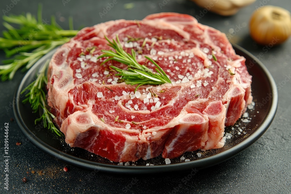Juicy raw beef with spices, salt and herbs on a dark concrete background. Preparing to cook a meat dish. Copy space. Juicy raw beef with spices, salt and herbs on a dark concrete background. Preparing to cook a meat dish. Copy space.
