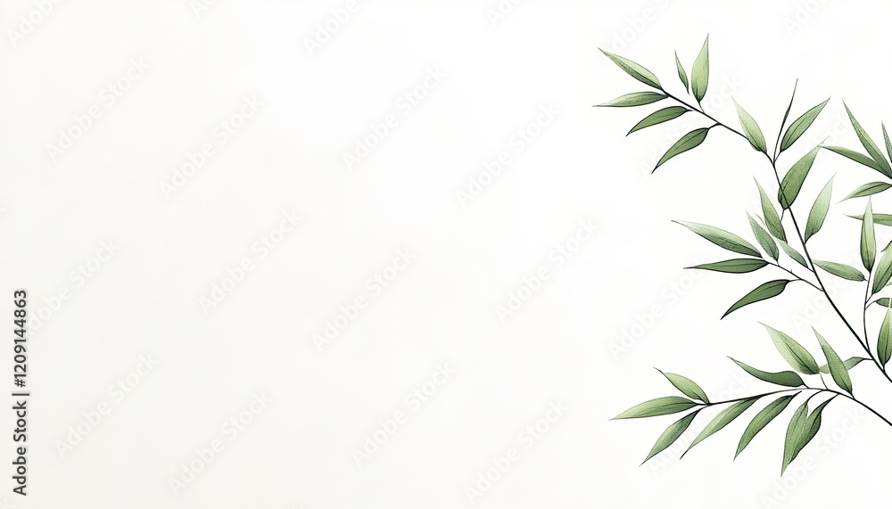 Elegant green leaves gently cascading against a soft white background, creating a serene atmosphere Elegant green leaves gently cascading against a soft white background, creating a serene atmosphere