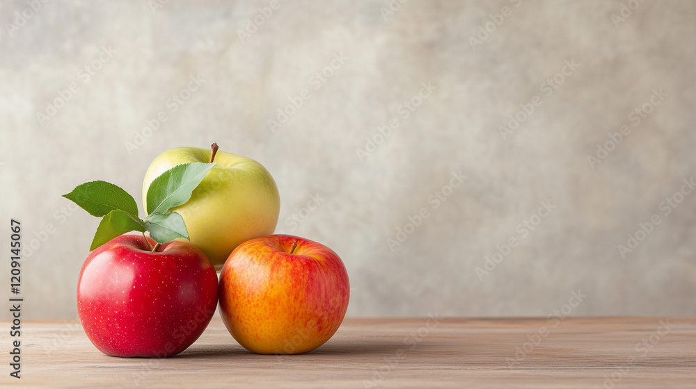 Autumn Harvest Still Life: Three vibrant apples – a red, a yellow-green, and a red-orange – rest on a rustic wooden table against a textured backdrop.