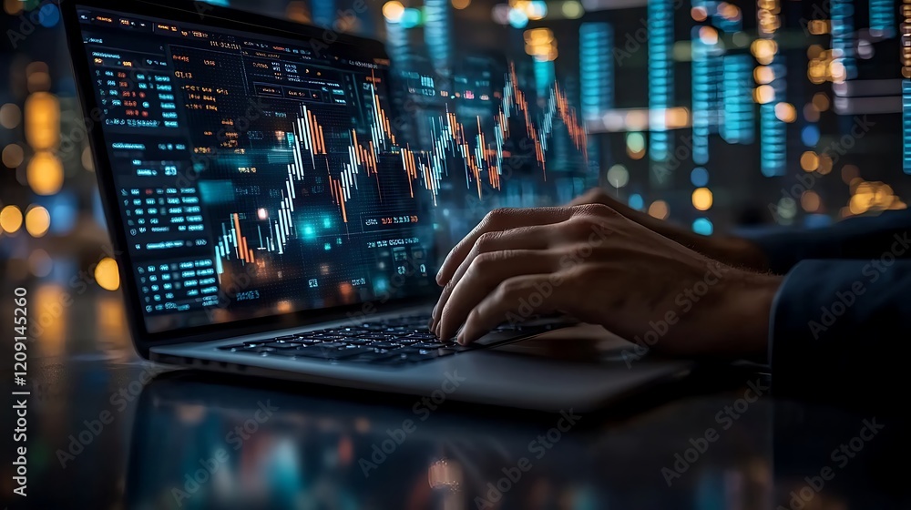 A businessman is typing on his laptop with financial graph A businessman is typing on his laptop with financial graph