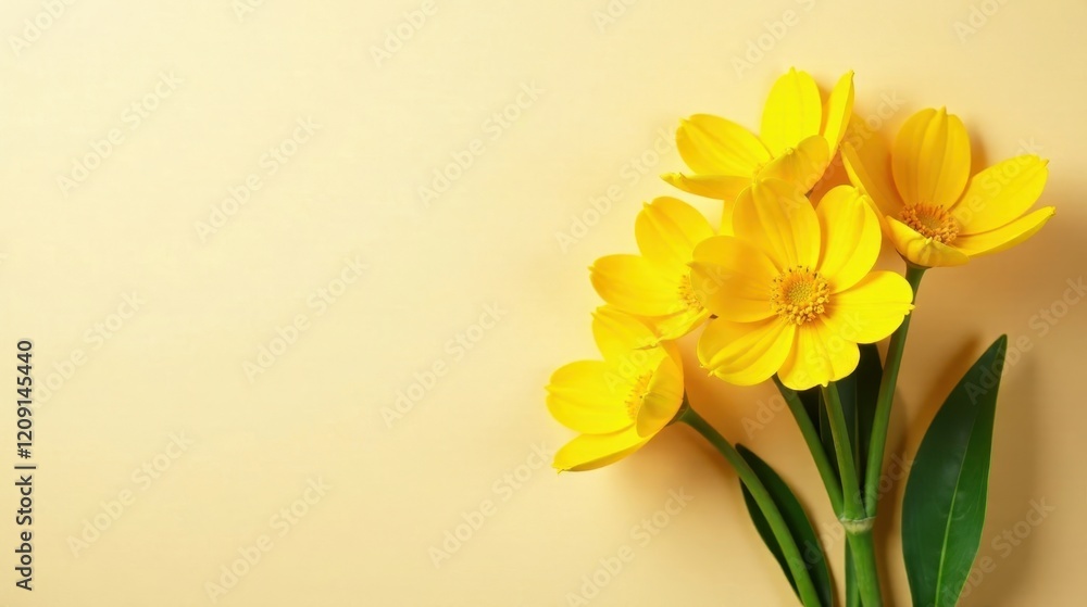 Obraz premium Bright Yellow Flowers on a Pale Yellow Background A Springtime Floral Image Featuring a Delicate Arrangement of Blooming Daisies