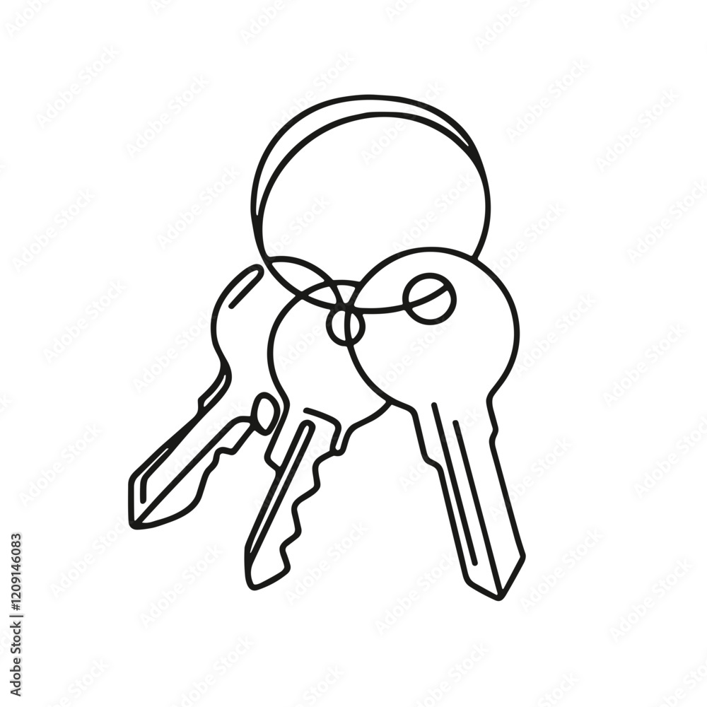 Three keys in a keychain, vector, black line drawing, minimalistic, single line, simple line, isolated, transparent background Three keys in a keychain, vector, black line drawing, minimalistic, single line, simple line, isolated, transparent background