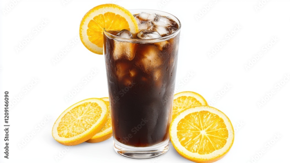 A refreshing cola drink served with ice and garnished with orange slices, perfect for a hot day. A refreshing cola drink served with ice and garnished with orange slices, perfect for a hot day.