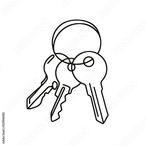 Three keys in a keychain, vector, black line drawing, minimalistic, single line, simple line, isolated, transparent background 