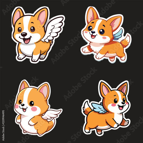 Four adorable cartoon Corgi dog stickers, each with light orange fur and white markings, and light blue angel wings