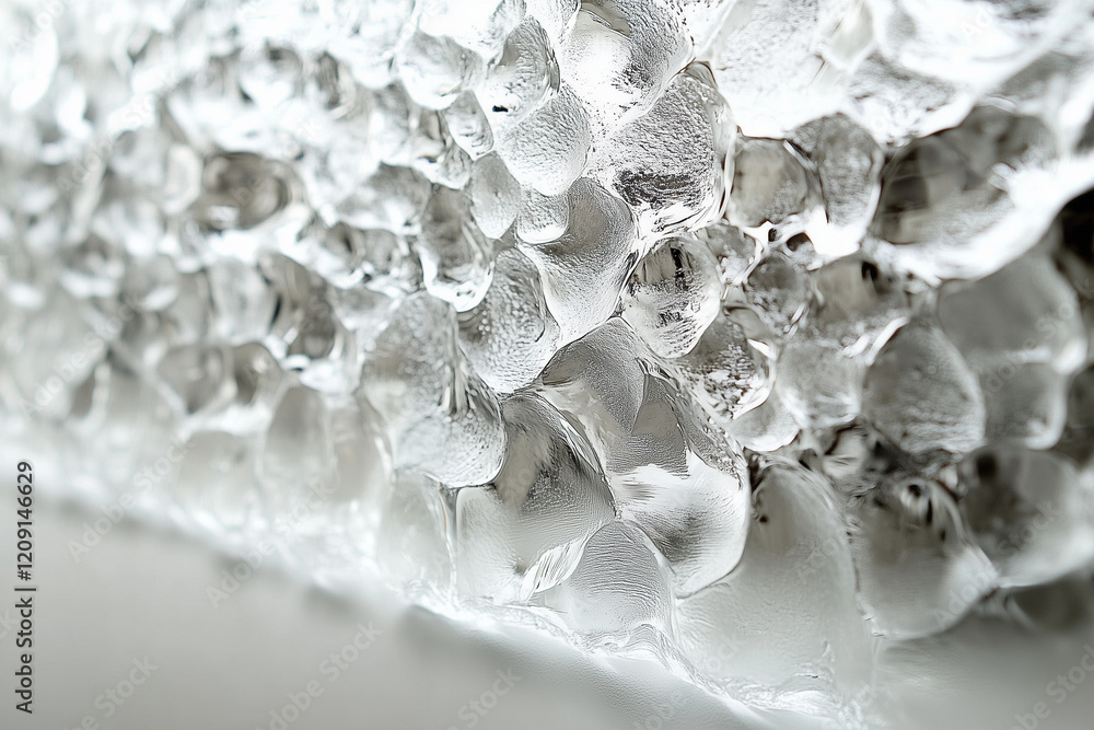 Fototapeta premium Close-up of frozen water with ice bubbles and crystalline texture.
