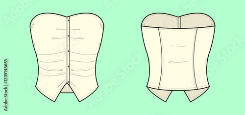 Women strapless button-down denim bustier top flat sketch outline CAD.