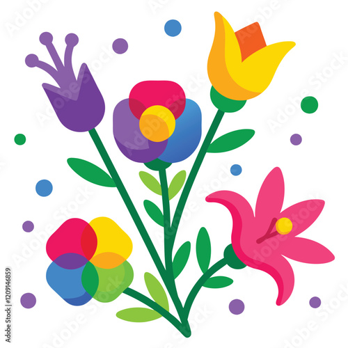A cheerful and colorful bouquet of stylized flowers in a flat design
