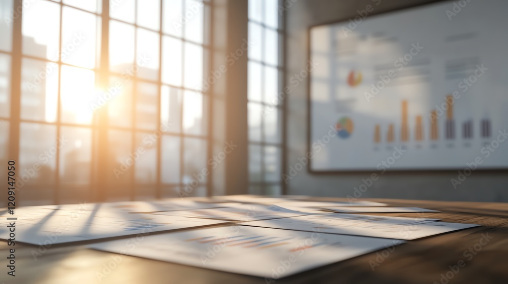 Fototapeta premium Business documents on a table with sunlight.