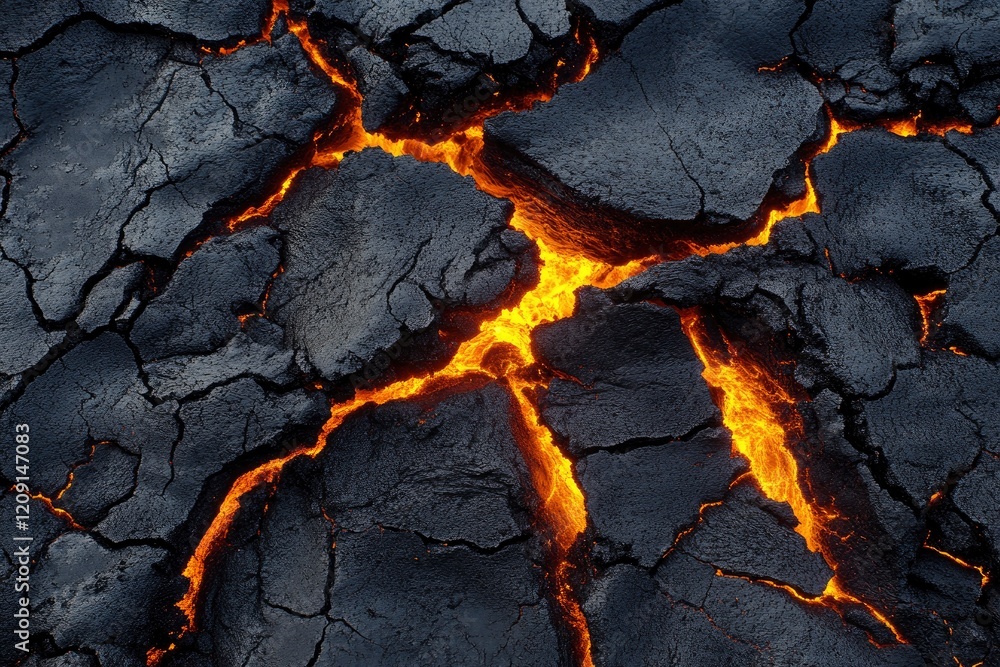 Lava crack texture with breaks on a black volcanic surface. Great for dramatic and natural volcanic imagery. Lava crack texture with breaks on a black volcanic surface. Great for dramatic and natural volcanic imagery.