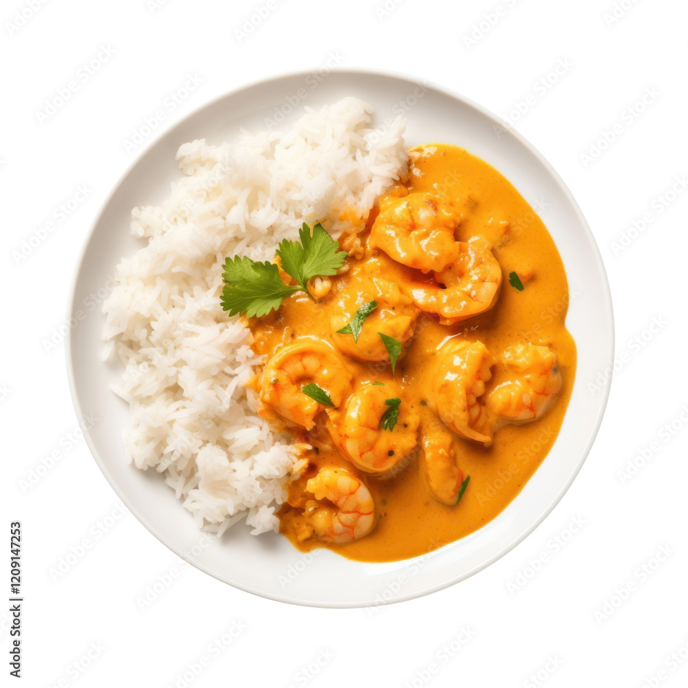 PNG Shrimps in curry sauce and rice on a plate shrimp invertebrate seafood. PNG Shrimps in curry sauce and rice on a plate shrimp invertebrate seafood.