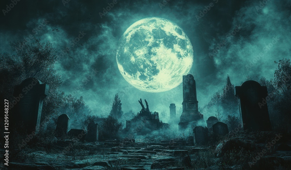 Haunting Graveyard Scene with Skeletal Hand Rising Under Full Moon in Misty Night Haunting Graveyard Scene with Skeletal Hand Rising Under Full Moon in Misty Night