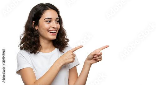woman showing something on transparent white background, clipping path