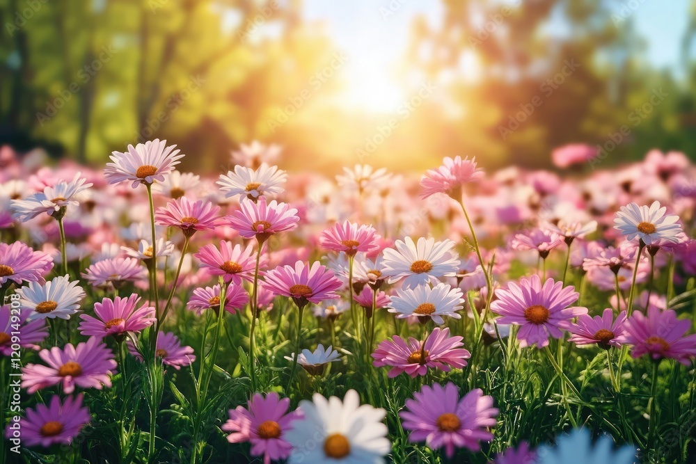 Vibrant Spring Meadow with Pink and White Daisies Under Warm Sunlight Vibrant Spring Meadow with Pink and White Daisies Under Warm Sunlight