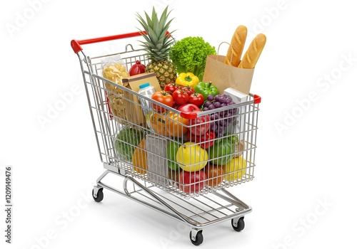 A metal shopping cart filled with a variety of fresh groceries, isolated on a white background