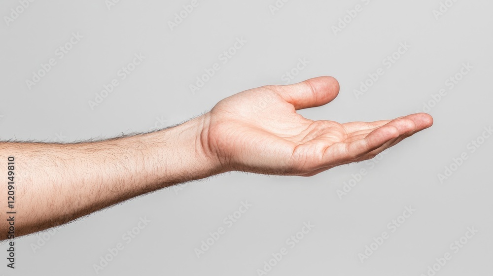 Man's open hand, palm up, offering gesture, plain background, for product placement Man's open hand, palm up, offering gesture, plain background, for product placement