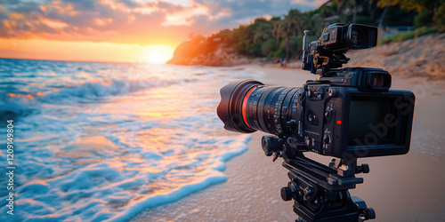 Fototapeta Naklejka Na Ścianę i Meble -  Professional cinema camera capturing vibrant sunset on tropical beach