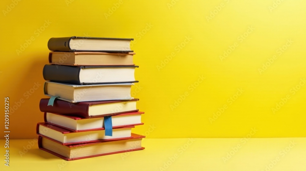 Fototapeta premium A vibrant stack of books against a sunny yellow backdrop signifies knowledge, learning, and the joy of reading.