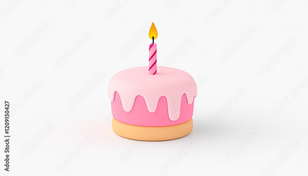 Colorful birthday cake with pink frosting and a candle, set against a plain white background Colorful birthday cake with pink frosting and a candle, set against a plain white background
