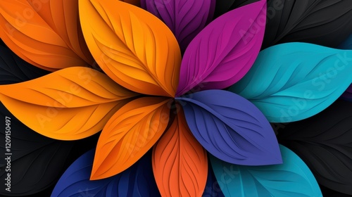 A vibrant flower composed of overlapping leaves in various colors.