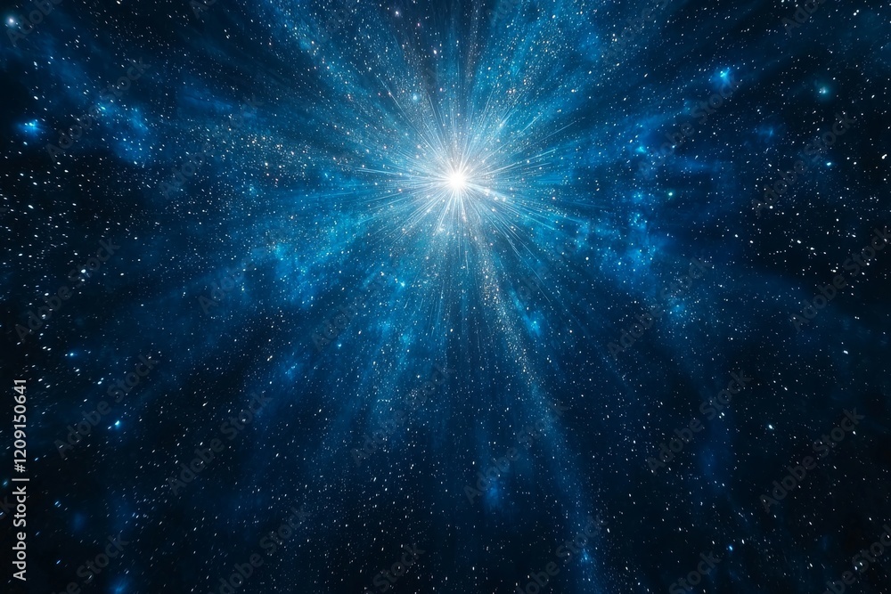 Naklejka premium Cosmic explosion of light and stars outer space digital art universe aerial view celestial wonder