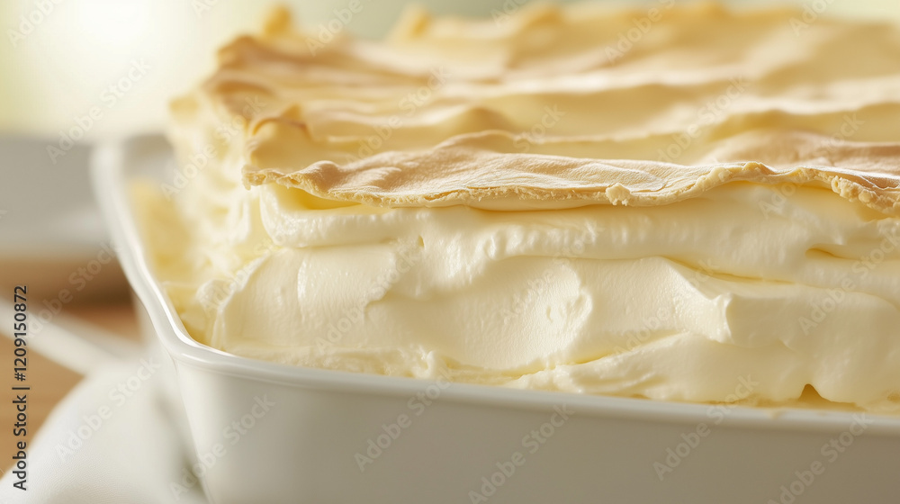 Creamy Meringue Delight: A close-up shot of a decadent dessert with layers of fluffy meringue and creamy filling. The warm tones and inviting texture create a visual feast for the senses. Creamy Meringue Delight: A close-up shot of a decadent dessert with layers of fluffy meringue and creamy filling. The warm tones and inviting texture create a visual feast for the senses.