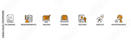 Software development life cycle banner web icon illustration concept of sdlc with icon of planning, requirements, design, coding, testing, deploy and maintenance