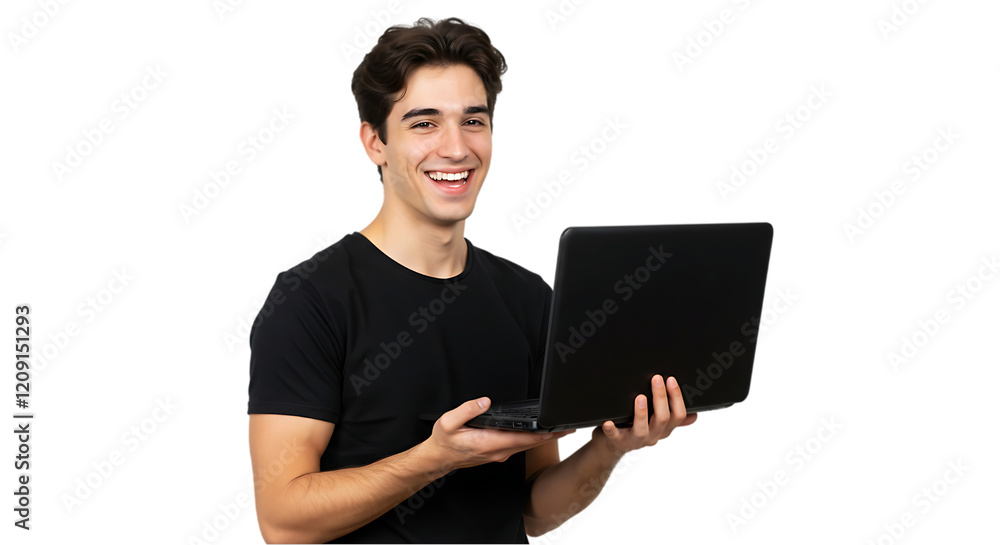 Man Holding Laptop on transparent white background, clipping path Man Holding Laptop on transparent white background, clipping path