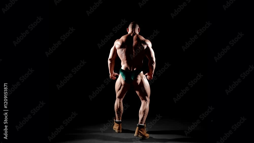 The athlete demonstrates the prominent muscles of his back against a dark background, emphasizing every curve of his body. Lighting creates an effect of drama and power. The athlete demonstrates the prominent muscles of his back against a dark background, emphasizing every curve of his body. Lighting creates an effect of drama and power.