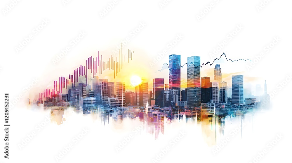 Fototapeta premium An image of a cityscape with the sun rising and financial indicators, signifying a new era in the economy