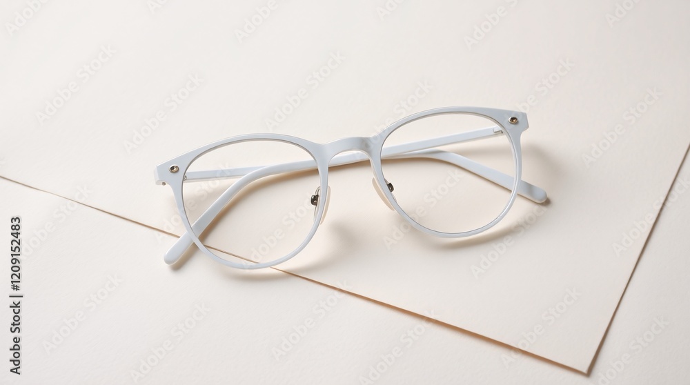 Elegant white-rimmed glasses showcased on layered cream-colored sheets in a minimalist style